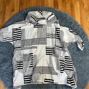 Giuseppa Collection Black White Geometric Print Linen Tunic Blouse Lagenlook